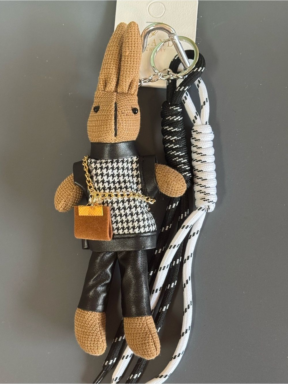 NWT Yolanda Houndstooth Plush Bunny Keychain Bag Charm Preppy Mini Bag